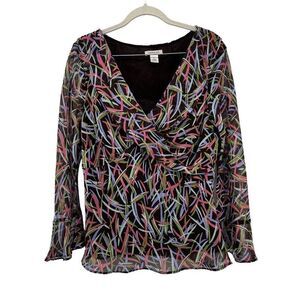Harold's Silk Blouse Abstract‎ Print Long Sleeve Sheer Top Babydoll Y2K Size 8